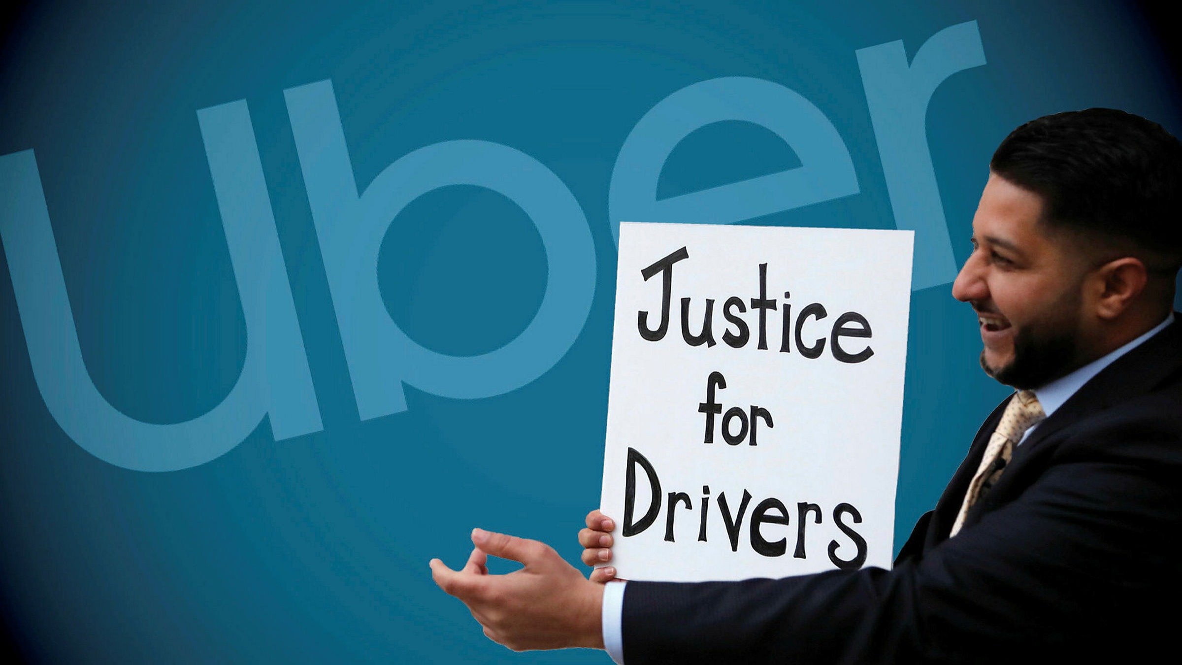 Uber driver and president of the App Drivers & Couriers Union, Yaseen Islam, poses with a poster outside the Supreme Court in London on the day of the judgment © FT Montage/AP